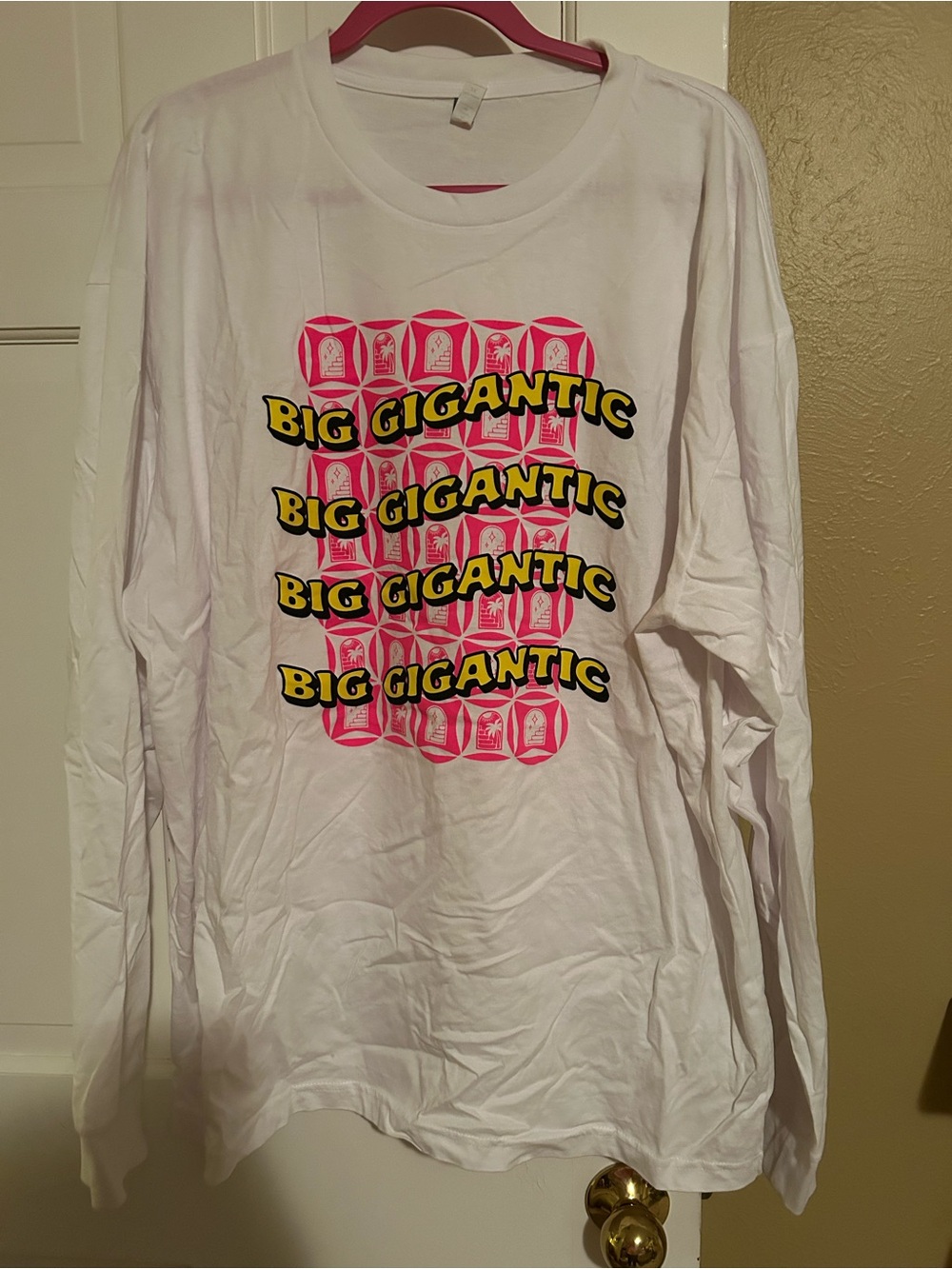 White Long Sleeve Graphic Tee with Pink & Yellow Print - Big Gigantic